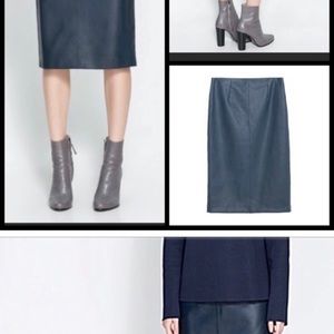 Zara basic blue faux leather midi pencil skirt